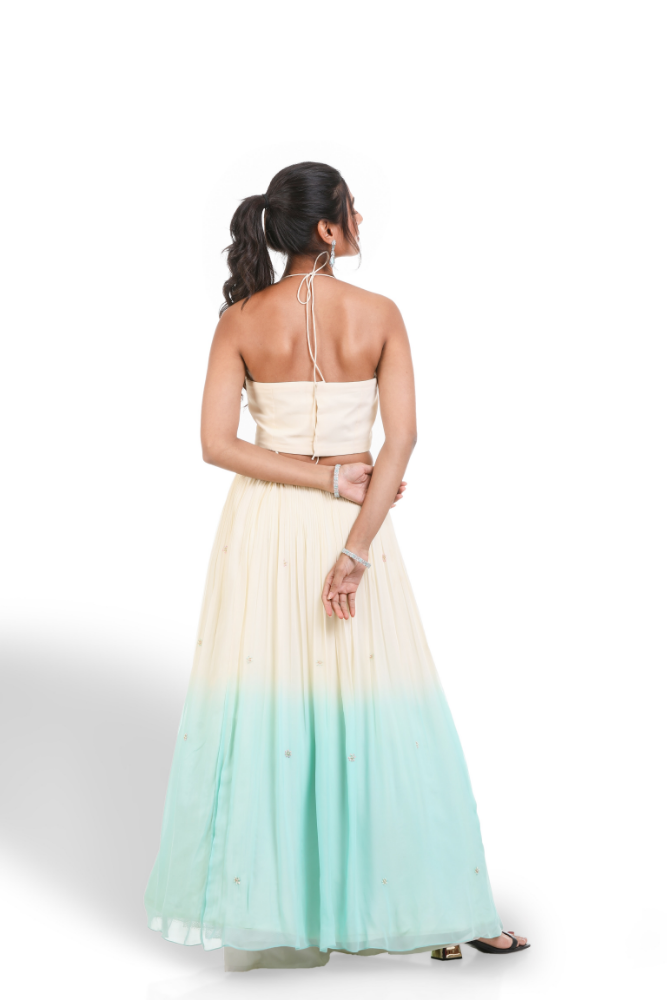 Off White & Sea Green Shaded Lehenga With Dupatta