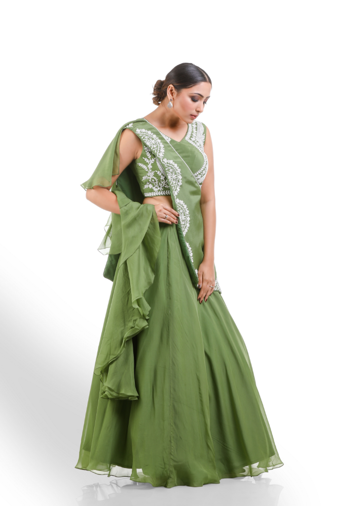 Mehndi Green Lehenga Choli With Cape and Attached Ruffllee Duppatta