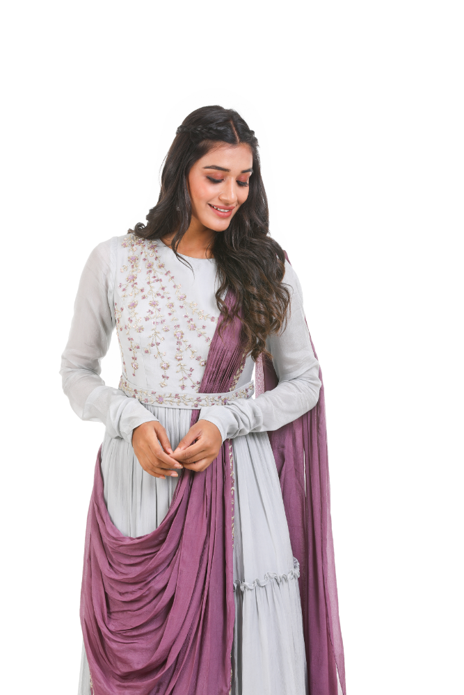 Light Grey Drapped Gown With Attached Duppatta