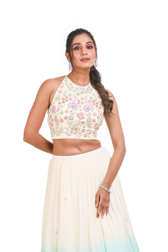 Off White & Sea Green Shaded Lehenga With Dupatta