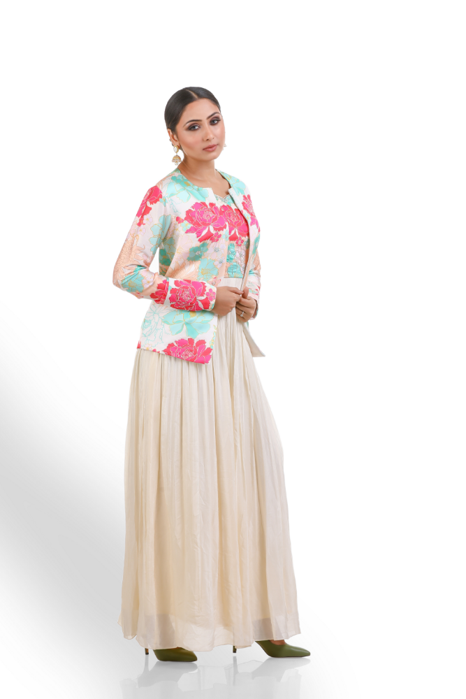 Off-white Digital Printed Gown With Digital Printed Jacket