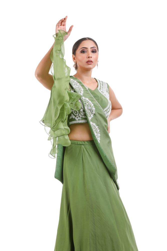 Mehndi Green Lehenga Choli With Cape and Attached Ruffllee Duppatta