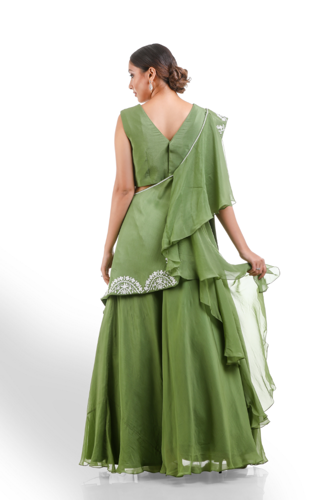 Mehndi Green Lehenga Choli With Cape and Attached Ruffllee Duppatta