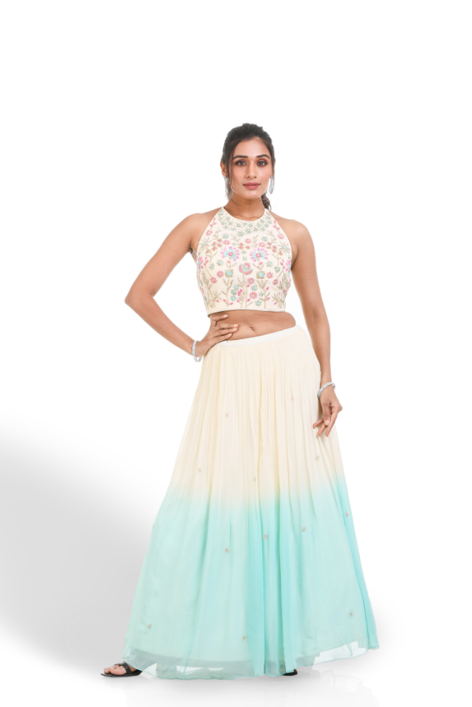 Off White & Sea Green Shaded Lehenga With Dupatta