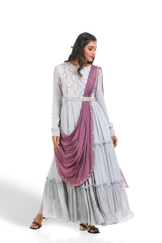 Light Grey Drapped Gown With Attached Duppatta