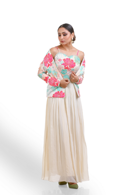 Off-white Digital Printed Gown With Digital Printed Jacket