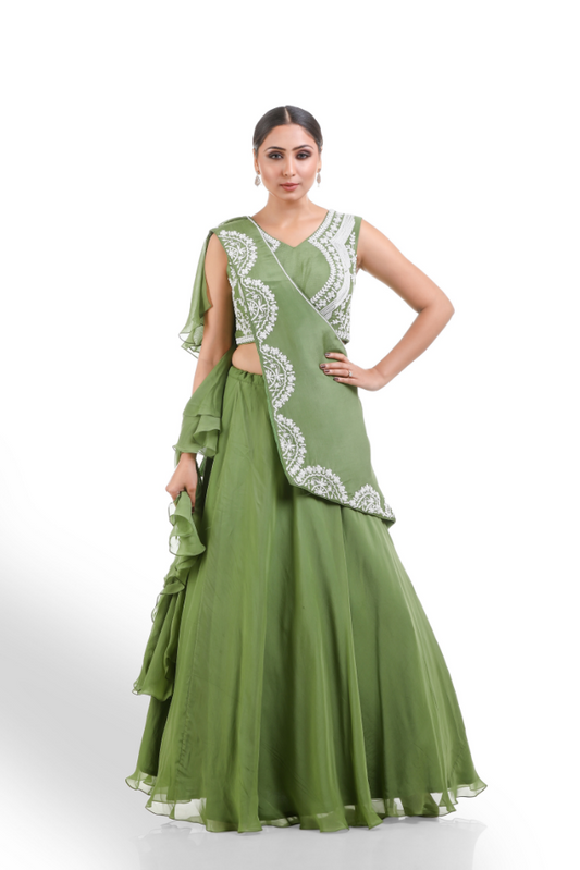 Mehndi Green Lehenga Choli With Cape and Attached Ruffllee Duppatta