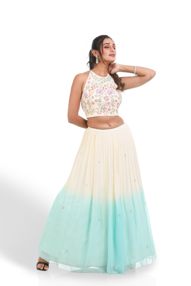 Off White & Sea Green Shaded Lehenga With Dupatta