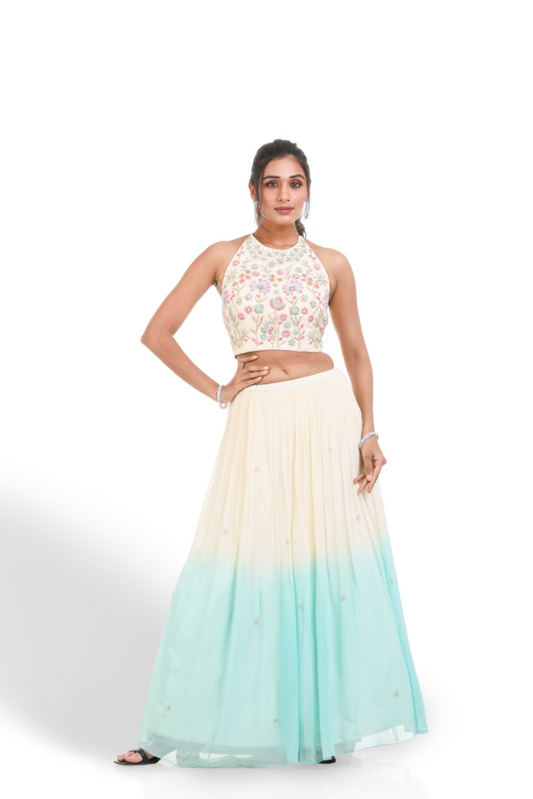 Off White & Sea Green Shaded Lehenga With Dupatta