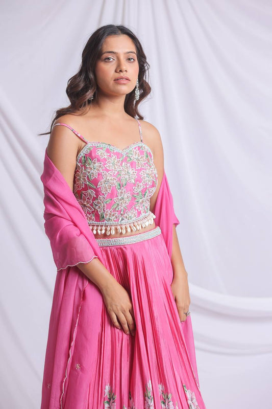 Pink Flower Printed Lehehghacholi